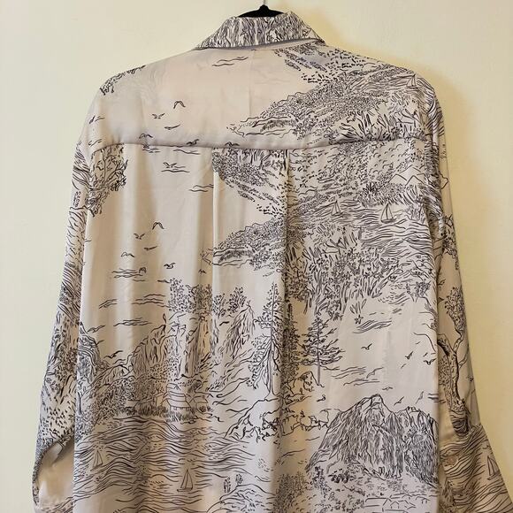 H&M M long sleeve button down tunic top oriental AOP cream AOP nature black - Picture 6 of 7